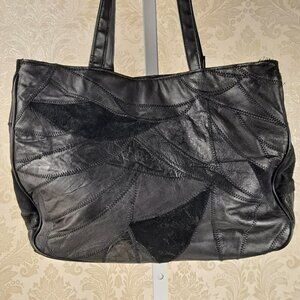 Genuine Black Leather Patchwork Double Handled Shoulder Tote Bag Multi Section